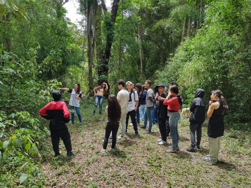 foto de pessoas jovens observando a natureza no meio da mata cheio de árvores ao fundo