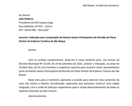 SOS Itupararanga recebe ofício do prefeito de São Roque para compor o Núcleo Gestor Participativo de revisão do Plano Diretor da Estância Turística de São Roque.